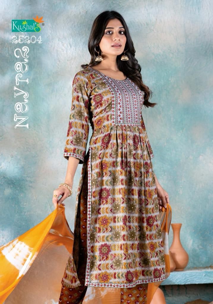 Nayra 2 By Kushals Rayon Printed Naira Cut Kurti With Bottom Dupatta
